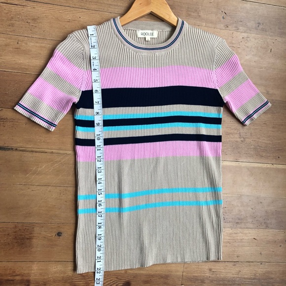 Roolee Ribbed 3/4 Sleeve Pullover Beige Striped Pink Blue Sweater Sz S - Picture 7 of 11